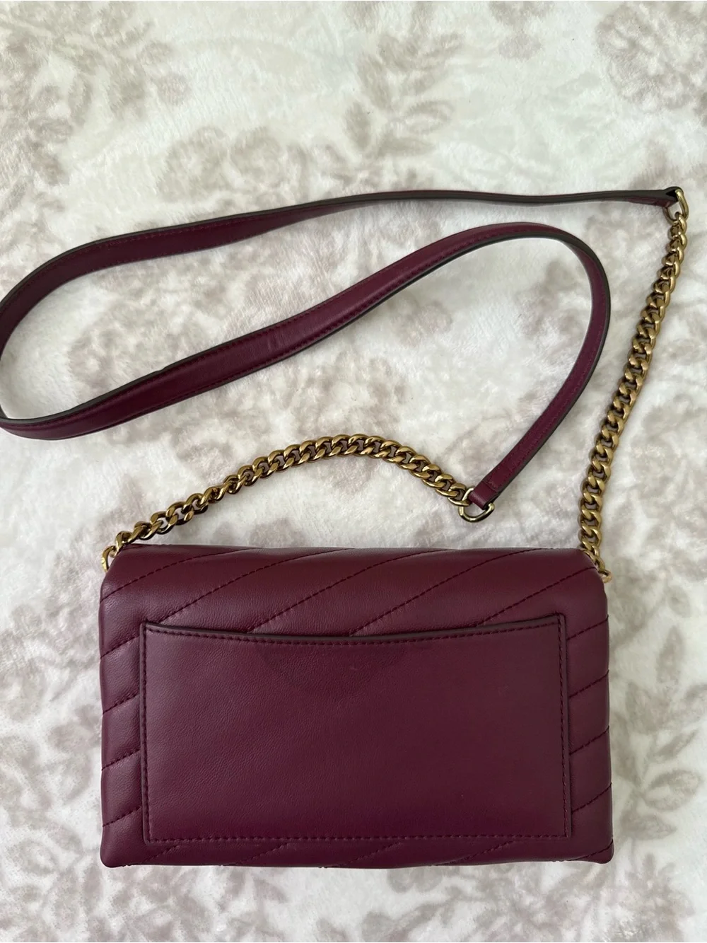 TORY BURCH Kira Chevron Quilted Leather Chain Strap Crossbody Bag in Burgundy